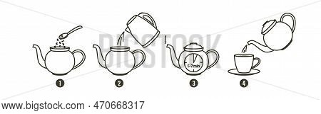 Tea Or Coffee Brewing Instruction. Tea, Coffee Making, Brew Process Icons.