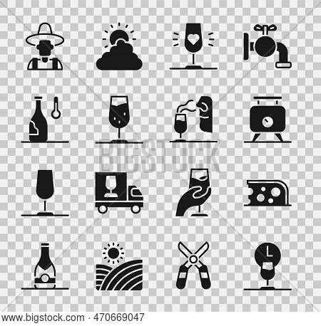 Set Wine Time, Cheese, Fermentation Of Grapes, Glass, Temperature, Farmer The Hat And Sommelier Icon