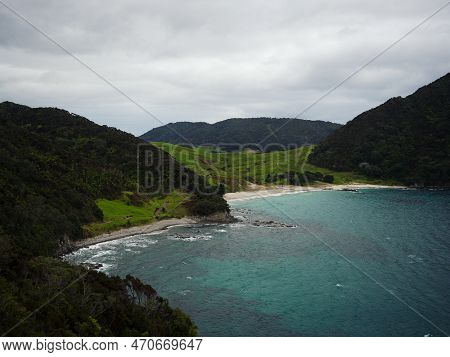Smugglers Bay Beach With Lush Green Grass Nature Landscape Panorama Seen From Busby Head Whangarei H