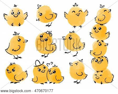 Collection Of Cute Easter Chicks In Different Poses. Vector Hand Drawn Little Funny Chick Set. For E