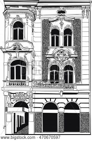 Black And White Vector Drawing Of A Renaissance Style House Facade