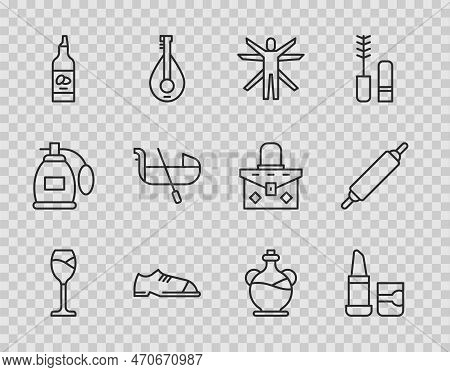 Set Line Wine Glass, Lipstick, Vitruvian Man, Men Shoes, Bottle Of Olive Oil, Gondola, And Rolling P