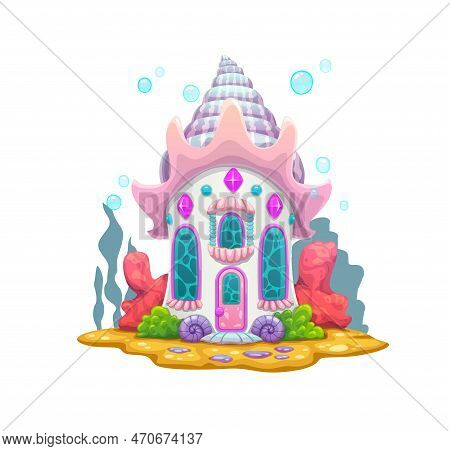 Cartoon Underwater Mermaid Fairy House. Vector Sea Dwelling Of Sorceress On Ocean Bottom. Fairytale 
