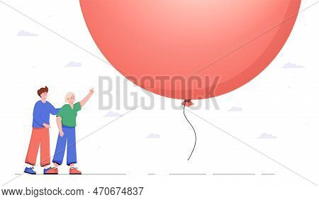 Bebt Balloon Ready To Burst. Man And Woman Looking At Large Sphere With Thread. Fearful Businessman 