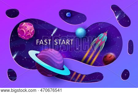 Paper Cut Space Landscape. Cartoon Rocket Flying In Starry Galaxy With Planets. Vector 3d Double Exp
