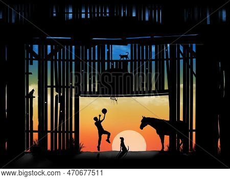A Teen Aged Boy Practice His Left Handed Layup On A Hoop And Torn Net On The Side Of An Old Barn. Fa