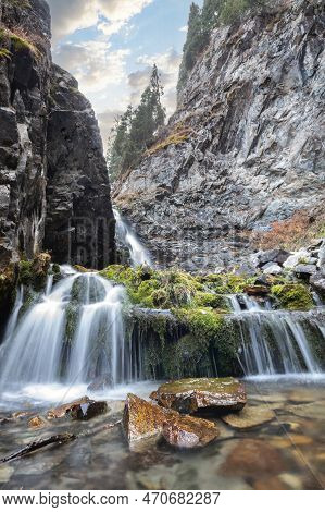 Bear Waterfall 2 In Big Almaty Gorge Of Almaty Mountains, Ile Alatau Parkland, Picturesque Nature Of
