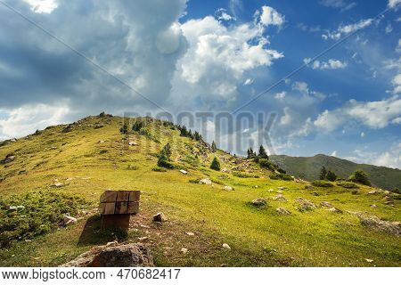 View Of Mount Furmanov From The Glade Of Enthusiasts In The Almaty Mountains. Tourist Natural Places