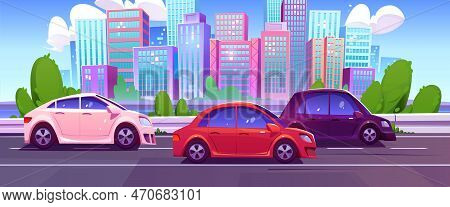 Urban Traffic On Modern City Background. Vector Cartoon Illustration Of Cars Moving Speed Highway Al