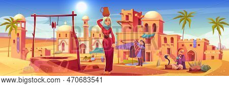 Ancient Arab City With Old Houses And Buildings In Desert. Arabian Town Landscape With Market, Water