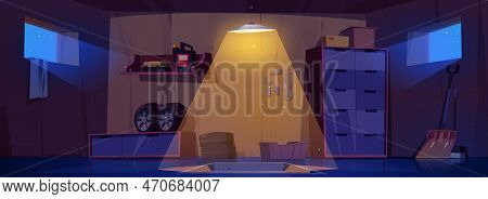 Cartoon Garage Interior Design At Night. Vector Illustration Of Dark Auto Repair Shop With Pit Illum
