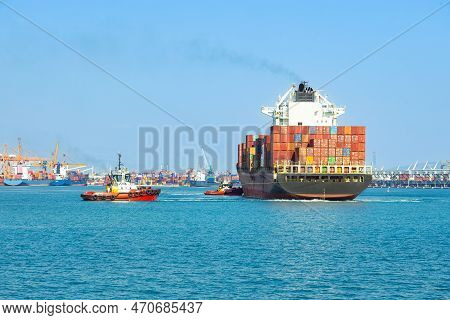 Large Cargo Container Ship Sails In The Seaport