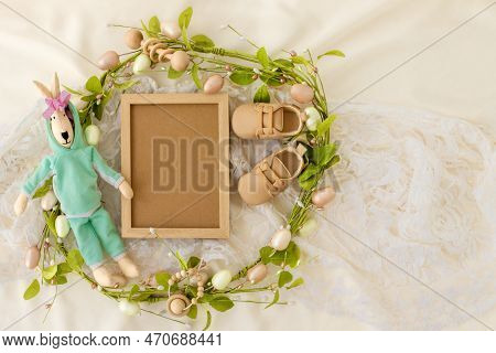 Mockup Of Social Media Baby Announcement. Pregnancy Announcement Background With Blurred . Selective