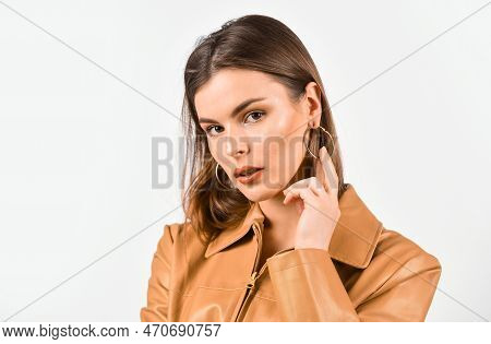 Casual Fashion Style. Woman With Trendy Makeup. Skin Tone. Charming Appearance. Naturalness And Artl