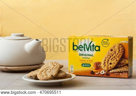 Tiraspol, Moldova - January, 31, 2023: Belvita Breakfast Cookies Box With Smak Honey And Nut With Ch