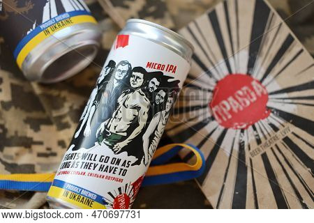 Kyiv, Ukraine - May 4, 2022 Localy Brewed Beer Called Fights Will Go On As Long As They Have To Feat