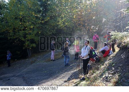 Carpathian Mountains, Ukraine - October 8, 2022 Mount Hoverla. Carpathians In Ukraine In Autumn. Tou