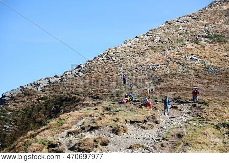 Carpathian Mountains, Ukraine - October 8, 2022 Mount Hoverla. Carpathians In Ukraine In Autumn. Tou