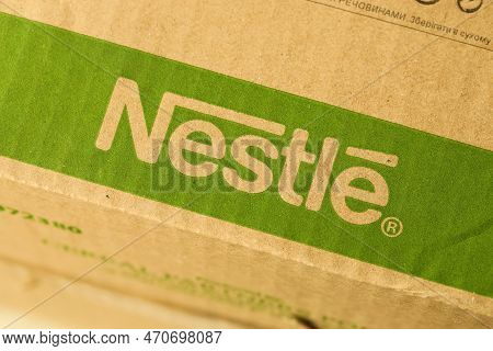 Kyiv, Ukraine - May 4, 2022 Big Cardboard Boxes With Logo Of Nestle Company. Porduction Storage Of N