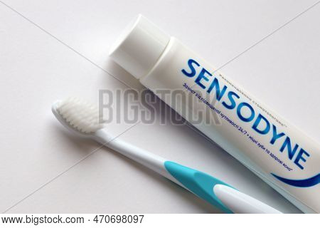 Kyiv, Ukraine - May 4, 2022 Sensodyne Fluorine Or Fluor Is A Daily Fluoride Toothpaste That Helps Pr