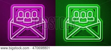 Glowing Neon Line Project Team Base Icon Isolated On Purple And Green Background. Business Analysis 