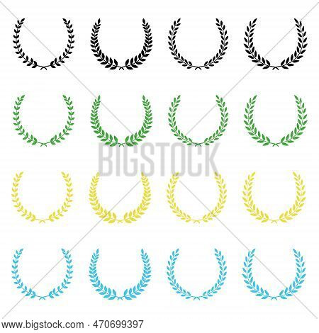 Set Of Colorful Silhouette Circular Laurel Foliate, Wheat And Oak Wreaths Depicting An Award, Achiev