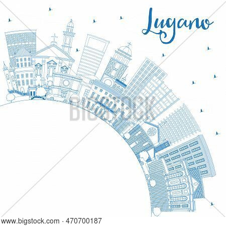 Outline Lugano Switzerland Skyline With Blue Buildings And Copy Space. Vector Illustration. Business