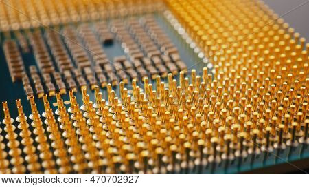 Microprocessor Of Computer Close-up. Cpu, Semiconductor, Pins And Connectors. Electronic And Computi