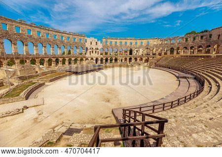 Interior Of Pula Amphitheater, Coliseum Of Pula, Well-preserved Roman Amphitheater Located In The Pu