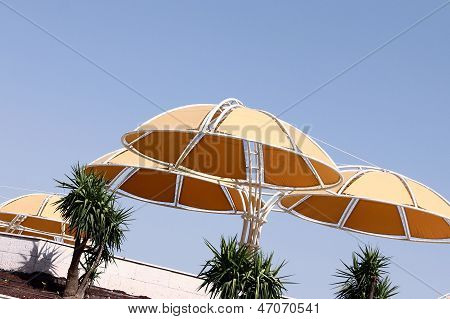 Yellow Sunshades On The Beach