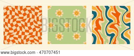 1970s Retro Daisy Pattern Groovy Trippy. Trippy Grid, Wavy Swirl Pattern. Seventies Style, Groovy Ab