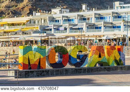 Puerto De Mogan, Spain, December 22, 2022. Signboard Of Puerto De Mogan, Gran Canaria, Spain.