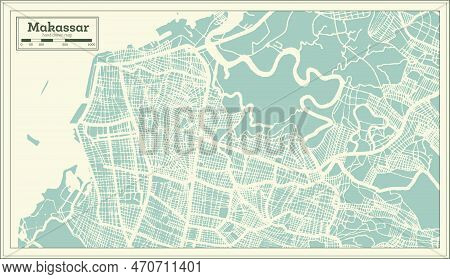 Makassar Indonesia City Map In Retro Style. Outline Map. Vector Illustration.