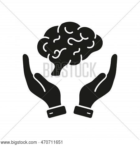 Mind Care Cpncept. Human Brain In Side View With Hands Silhouette Icon. Neurology, Psychology Glyph 