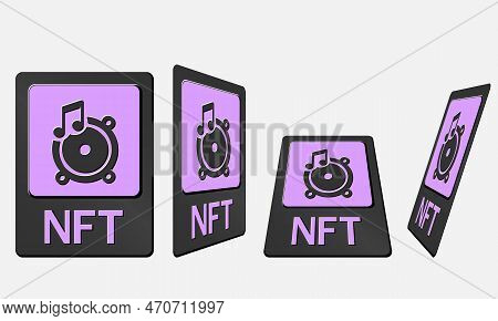 3d Token Nft Cards In Crypto Artwork. Nft Card With Music In Perspective, Top View In Isometric And 