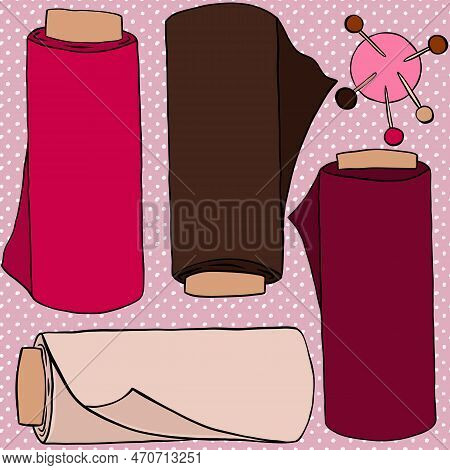 Hand Drawn Seamless Pattern With Fabric Rolls Pin Cushion Sewing Crafts Dressmaking Items. Pink Brow
