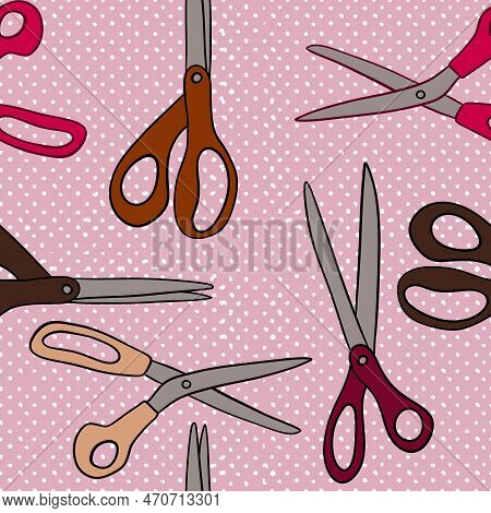 Hand Drawn Seamless Pattern With Scissors Sewing Crafts Dressmaking Items. Pink Brown Beige Polka Do