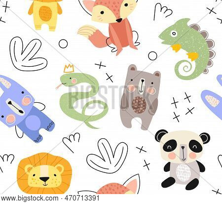 Doodle Animals Seamless Pattern. Repeating Design Element For Printing On Fabric. Rabbit, Panda, Sna