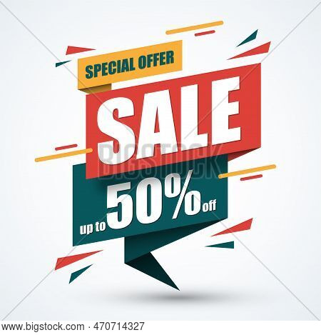 Sale Banner. Discount Label. Special Offer Design Template. Up To 50 Percent Off Vector Background