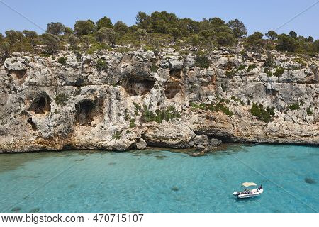 Turquoise Waters In Mallorca. Pilota Cove. Mediterranean Coastline. Spain