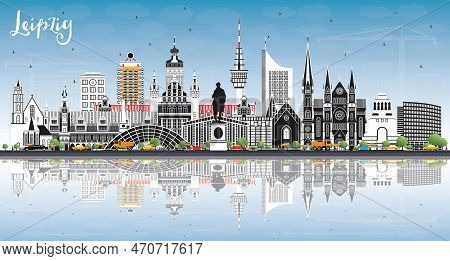 Leipzig Germany City Skyline With Gray Buildings, Blue Sky And Reflections. Vector Illustration. Bus