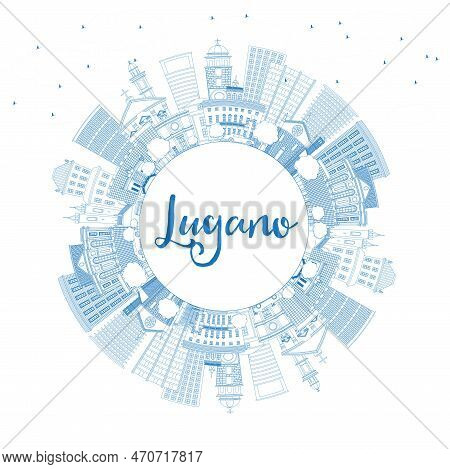Outline Lugano Switzerland Skyline With Blue Buildings And Copy Space. Vector Illustration. Business