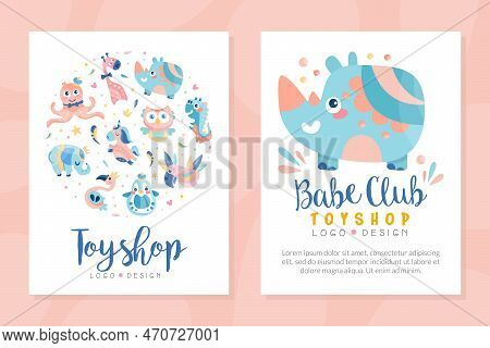 Tpy Shop Logo Design. Baby Club, Education Center, Play Zone Labels, Badges With Cute Animals And Bi