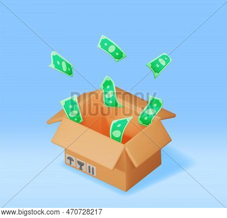 3d Cardboard Box With Dollar Banknotes Inside Isolated. Open Carton Package With Cash Money. Donate 