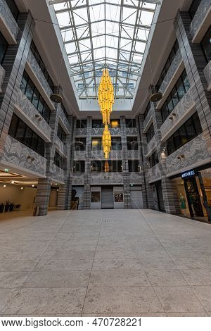 Wroclaw, Poland - April 2022: Beautiful Renovated Interior Of Renoma Shopping Mall With Golden Chand