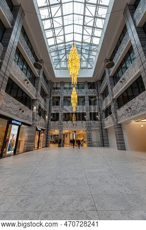 Wroclaw, Poland - April 2022: Beautiful Renovated Interior Of Renoma Shopping Mall With Golden Chand