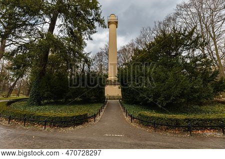Wroclaw, Poland - April 2022: Big Column Of Frederick William Ii At Center Of Szczytnicki Park