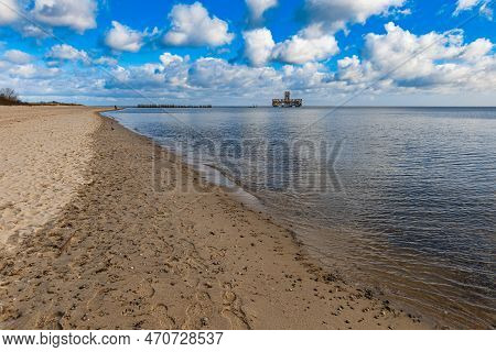 Gdynia, Poland - April 2022: Babie Doly Beach With Old Ruins Of Pier And Ruins Of Torpedo Room On Th