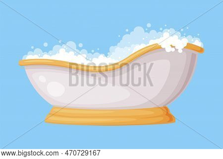 Cast Iron Bathtub On Pedestal Full Of Water With Soap Bubbles Foam Isolated On Blue Background Vecto