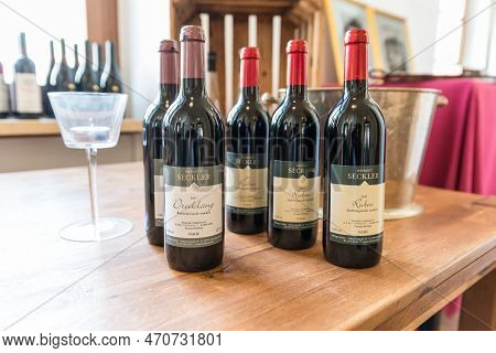 Regensburg, Bavaria, Germany, April 27, 2019,  The Wine Varieties Dreiklang And Rubin Of The Winery 